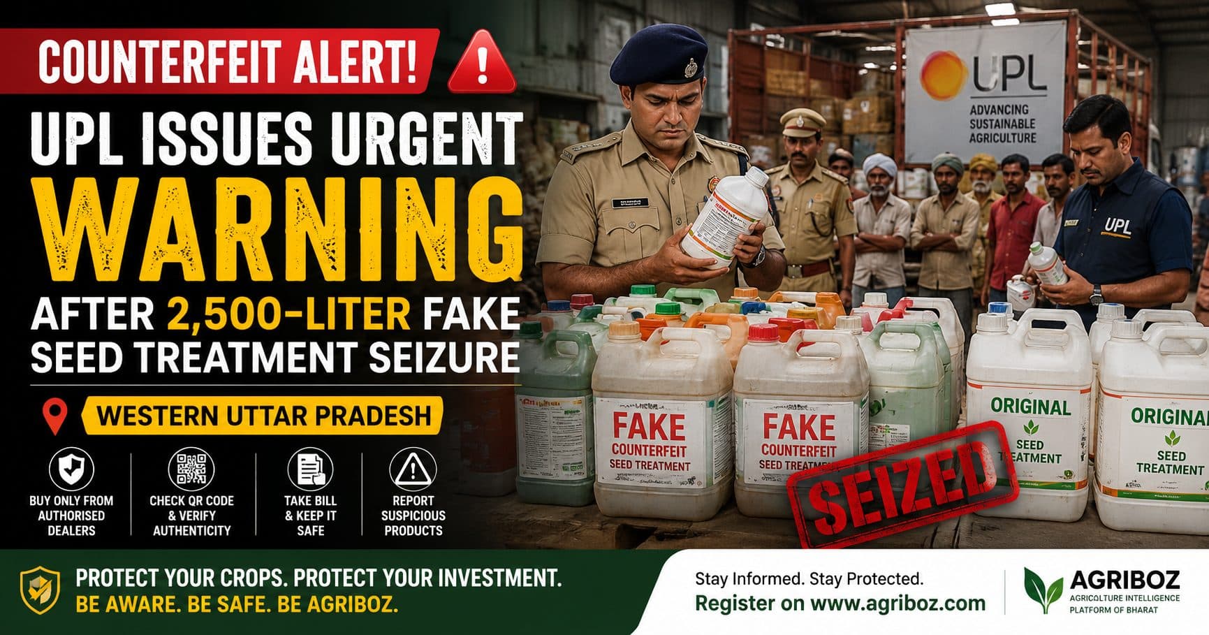 Counterfeit Agrochemicals Alert: UPL Warns Western Uttar Pradesh Farmers After 2,500-Liter Fake Seed Treatment Seizure