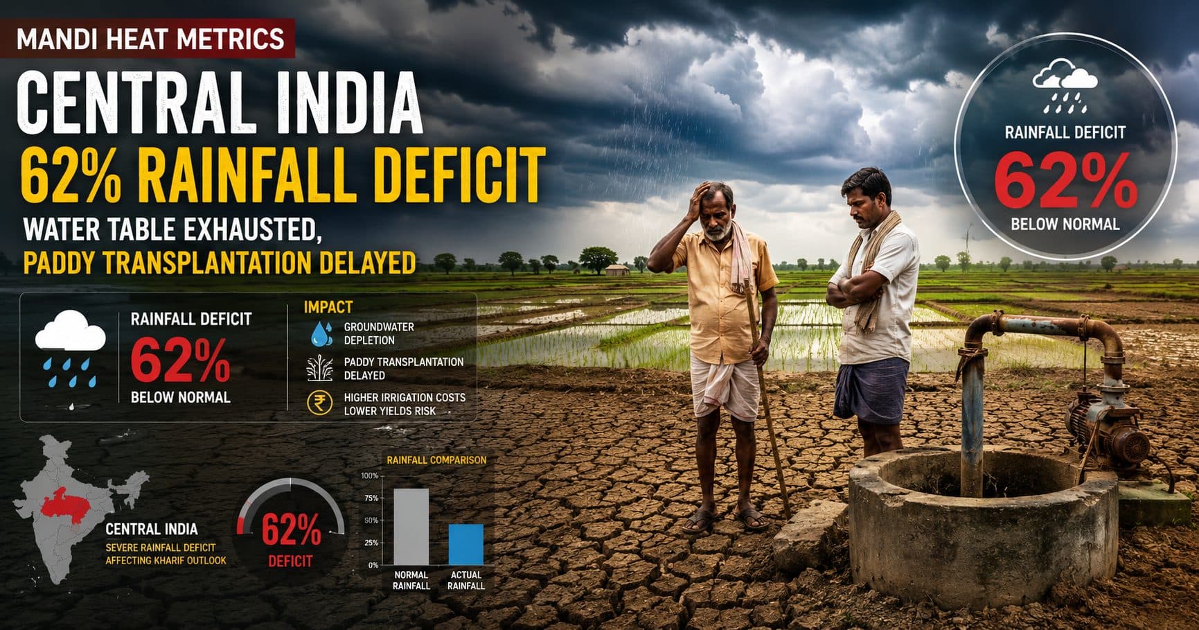 Mandi Heat Metrics: Central India Faces 62% Rainfall Deficit, Delaying Paddy Transplantation and Straining Water Resources