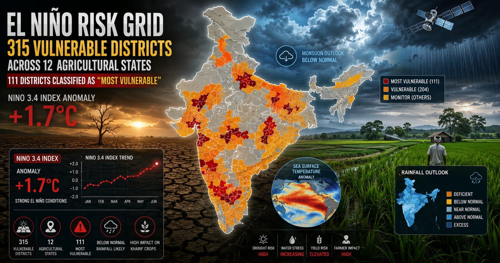 El Niño Risk Grid: Government Identifies 315 Vulnerable Districts Across 12 Agricultural States as Niño 3.4 Index Reaches +1.7°C