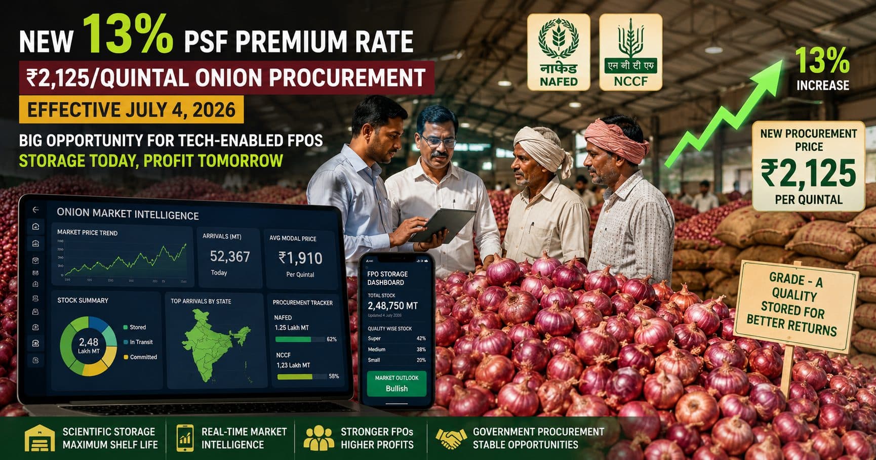 New 13% PSF Premium Rate: How Tech-Enabled FPOs Can Profit from the ₹2,125/Quintal Onion Procurement Opportunity